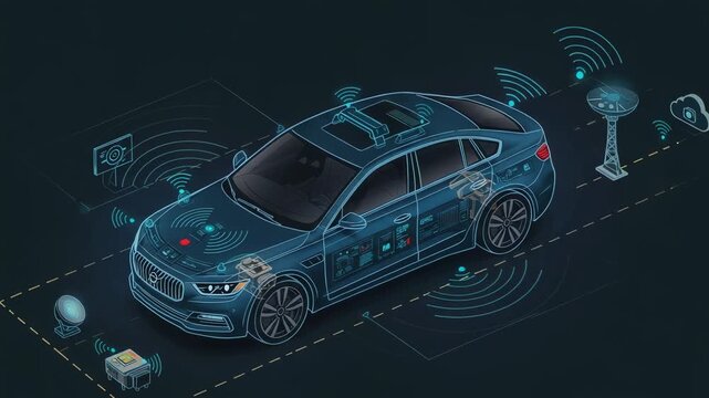 Futuristic Autonomous Car with Sensor Network. Conceptual illustration of a smart vehicle with IoT, wireless communication, and cloud connectivity.