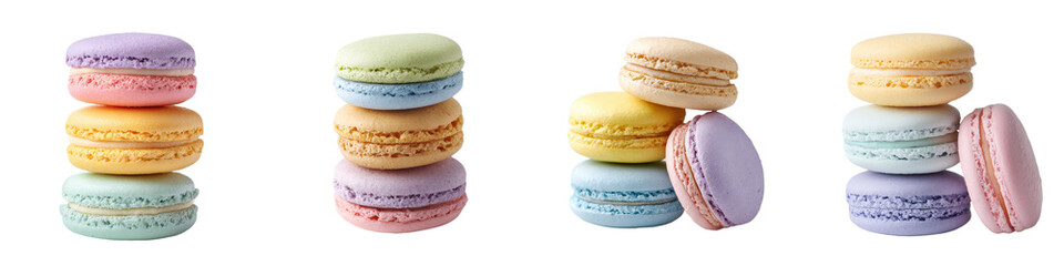 Fototapeta premium Assorted colorful macarons stacked and displayed against a transparent background.