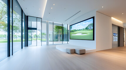 Modern indoor golf simulator room with a large screen displaying a golf course