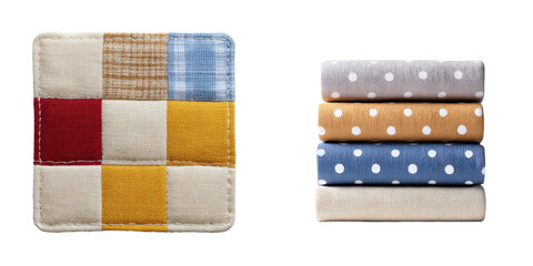 Patchwork square pot holder with assorted color blocks sits next to a neatly stacked pile of polka dot towels
