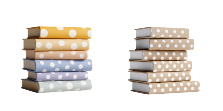 Two stacks of books with polka dots, one stack pastel and one stack tan