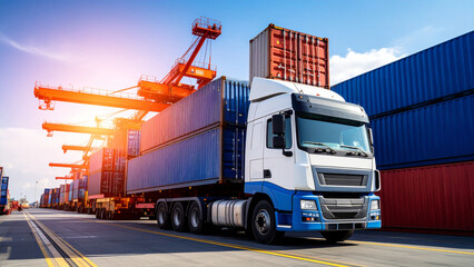 A semi-truck transports blue shipping containers at a port, with a crane visible in the background under a sunny sky.
