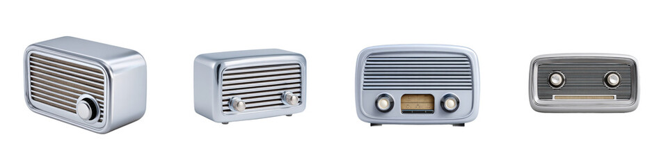 Fototapeta premium Four vintage radios with silver chrome finish and retro design on transparent background