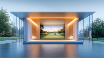 Modern indoor golf simulator room with a large screen displaying a golf course