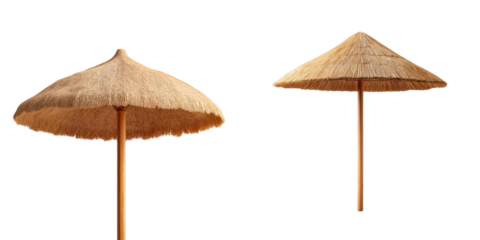Two beach umbrellas made of straw providing shade against a transparent background