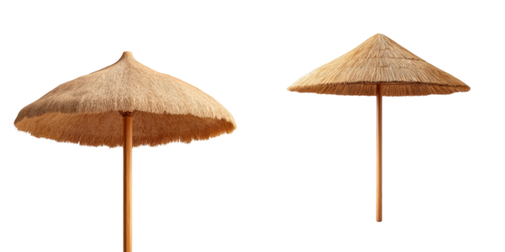 Two beach umbrellas made of straw providing shade against a transparent background