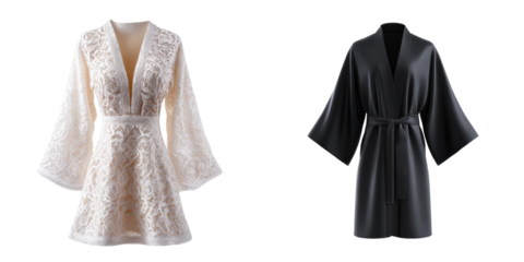 Lace kimono dress with sleeves next to a silk transparent robe tied at waist