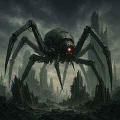 Giant Mechanical Spider Crawling Over Ruined Futuristic City with Legs Piercing Broken Skyscrapers Beneath Stormy Sky