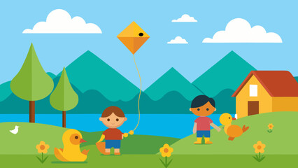 Naklejka premium children flying kites cartoon lake village
