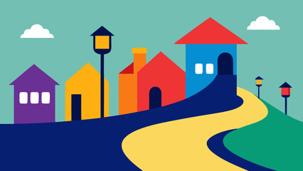 colorful houses winding street lamp