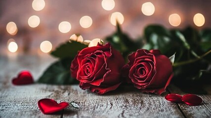 Two red roses on a wooden surface with bokeh lights, and small red hearts - Powered by Adobe