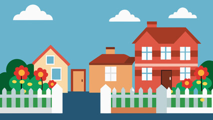 brick houses cozy street white fences