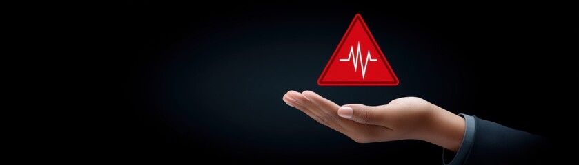 Red warning triangle with heartbeat icon above hand