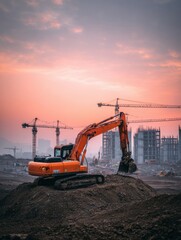 Construction equipment excavator working at dusk urban site photography industrial environment side view development concept