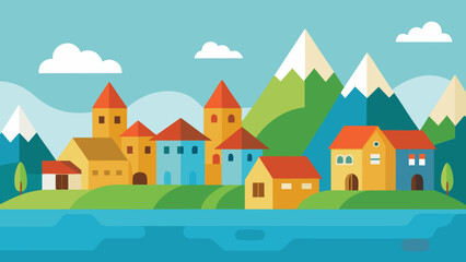 Naklejka premium storybook village lake colorful rooftops