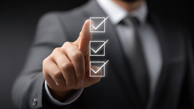Man in suit pointing at checklist with three checked boxes
