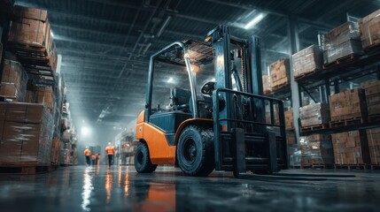 Operational forklift handling cargo in a warehouse setting industrial environment low angle view efficiency focus