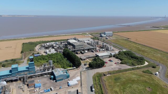 Aerial drone shot of BOC gas industrial manufacturing facility, natural gas LPG cylinders production for import and export in Immingham England UK