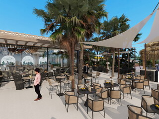 bar restaurante de playa en el mar mediterráneo . discoteca 