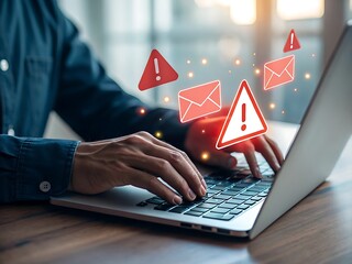 Person using a laptop with digital alerts and email icons appearing above the keyboard