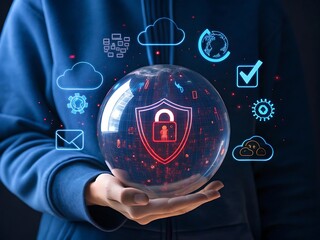 Person holding a glowing digital sphere with cybersecurity icons and a shield with a lock