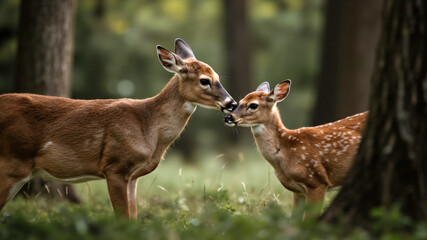 Fototapeta premium Two deer nuzzling in a forest setting. Close-up of two white-tailed deer interacting gently in woodland environment.