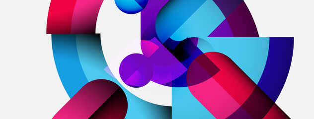 Abstract composition featuring overlapping colorful shapes. Vivid blues, purples, pinks create dynamic visual effect. Modern design.