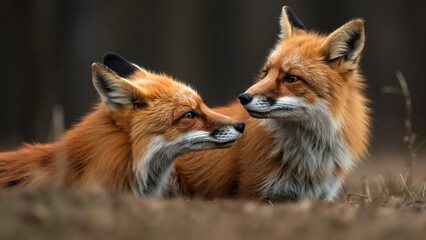 Fototapeta premium Close-up portrait of two foxes interacting outdoors. Two red foxes looking at each other.