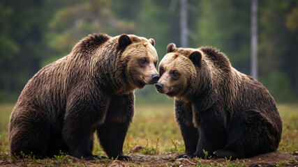 Two brown bears interacting in a grassy field. Close up of two adult bears touching noses in a forest setting.