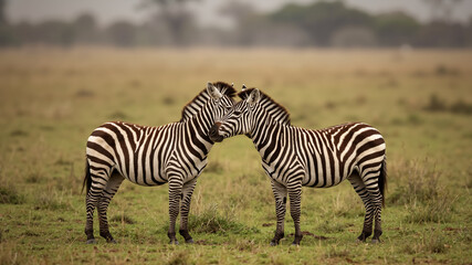 Fototapeta premium Two zebras nuzzling in a grassy savanna. Close up of two african animals interacting in natural habitat.