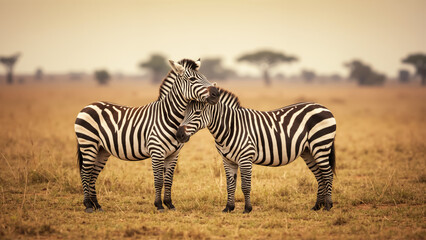 Obraz premium Two zebras nuzzling in a grassy savanna landscape.
