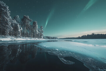 A frozen lake in Lapland the northern lights beginning to dance above snow dusted pine trees 