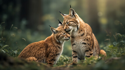 Two lynx cats touching noses in a forest setting. Close up of two wild cats interacting gently in natural habitat.