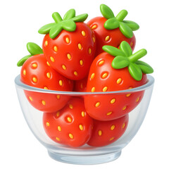 3D claymorphic variation of strawberry glass bowl with vibrant red berries and glossy green tops, isolated on transparent background