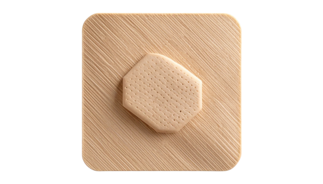 A Closeup view of a single square adhesive bandage perfect for medical supplies healthcare websites or first aid product packaging design isolated on transparent background.