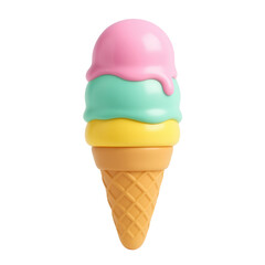 3D claymorphic variation of colorful triple scoop ice cream cone with dripping top scoop, isolated on transparent background