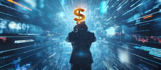 Silhouette of a person with dollar sign on head financial market and data streams abstract background in shades of blue and gold. - Powered by Adobe