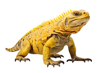 Obraz premium Vibrant yellow iguana with striped black patterns sitting calmly isolated on transparent background