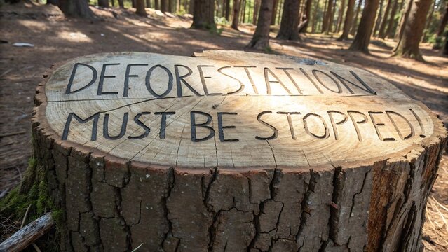 A tree stump in a forest displays the urgent message deforestation must be stopped, highlighting the critical need for environmental conservation