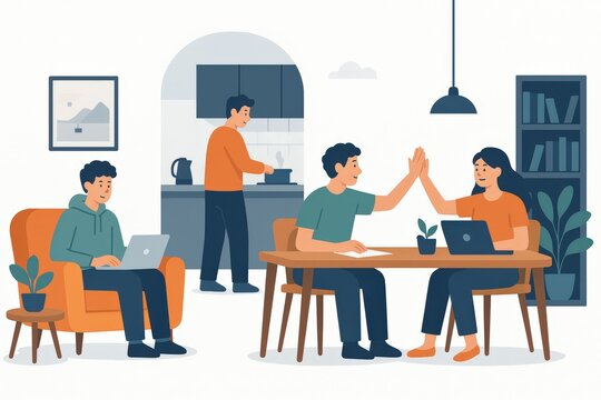A collaborative work environment showcasing friends engaging in a supportive atmosphere while enjoying remote tasks within a cozy home layout featuring teamwork and productivity in a harmonious