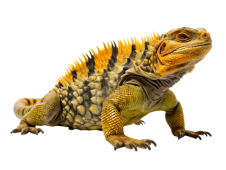 Spiny yellow iguana with sharp scales crawling forward isolated on transparent background