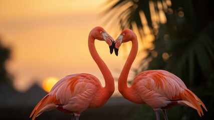Naklejka premium Two flamingos forming a heart shape at sunset. Pink birds facing each other in tropical wetland environment.