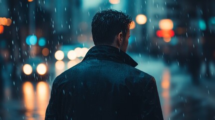 A man walks through the rain in a city at night with blurred streetlights in the background.