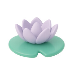 3D claymorphic illustration of lilac lotus flower on green lily pad, isolated on transparent background