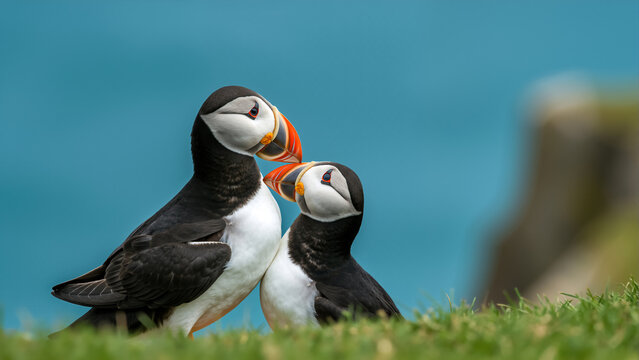 Two Atlantic puffins perched on grassy cliffside. Close up of two colorful birds touching beaks in a coastal habitat. - Powered by Adobe