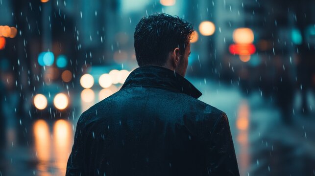 A man walks through the rain in a city at night with blurred streetlights in the background.