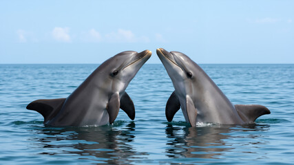 Naklejka premium Two dolphins interacting in the ocean. Close up of two bottlenose dolphins facing each other in clear blue water.