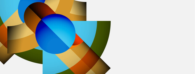 Abstract geometric shapes, vibrant colors, blue sphere dominates composition. Warm tones contrast cool hues, creating dynamic visual effect.