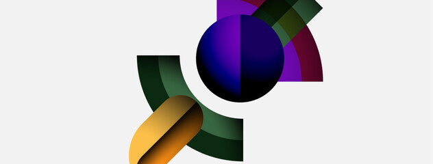 Abstract shapes, vibrant colors, purple sphere dominates composition. Green, gold, magenta arcs create dynamic visual effect. Modern design.
