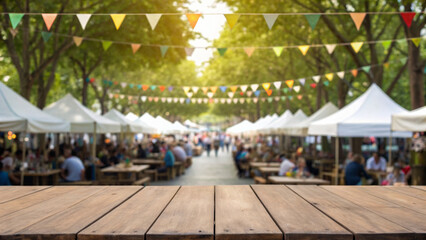 Picnic in the park for fun family. Wooden table with blurred outdoor market, colorful bunting, white tents, and people enjoying,outdoor activity summer vacation, travel and adventure holiday